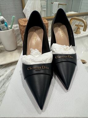 Christian Dior Black Pointed Leather Logo Pumps with Gold Tone